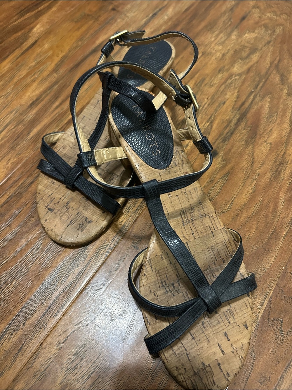 Talbots Black Strappy Leather Sandals with Cork Wedge Heel